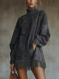 Olive Faux Suede Turtleneck Dress With Fringe Hem