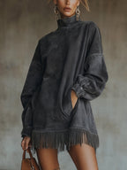 Olive Faux Suede Turtleneck Dress With Fringe Hem