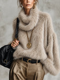 Camel Oversized Faux Mink Knit Cowl Neck Sweater