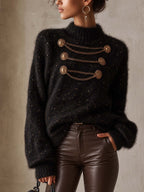 Black Shimmer Mohair Sweater With Gold Chain Button Detail
