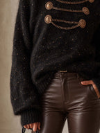 Black Shimmer Mohair Sweater With Gold Chain Button Detail