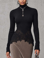 Black Lace Peplum Top And Brown Faux Suede Mermaid Maxi Skirt Set