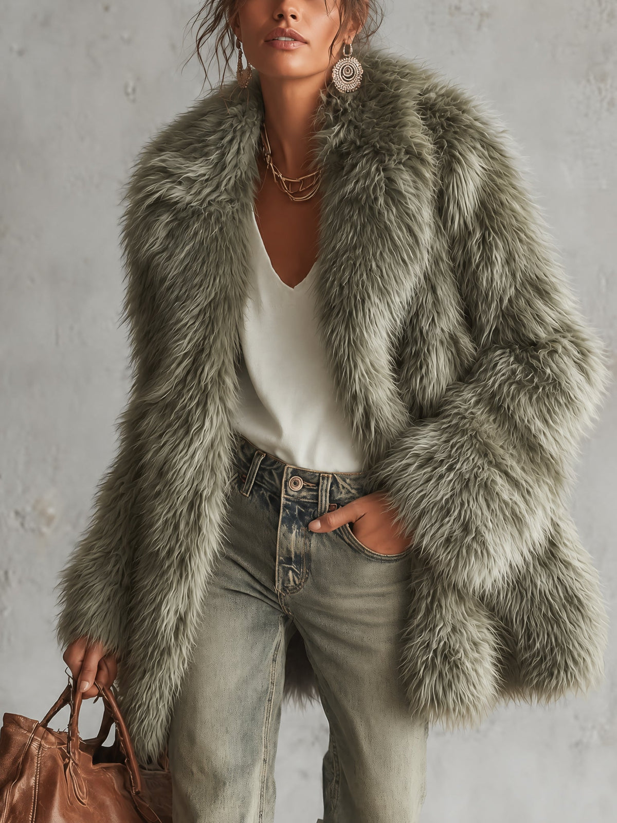 Green Lapel Faux Fur Coat