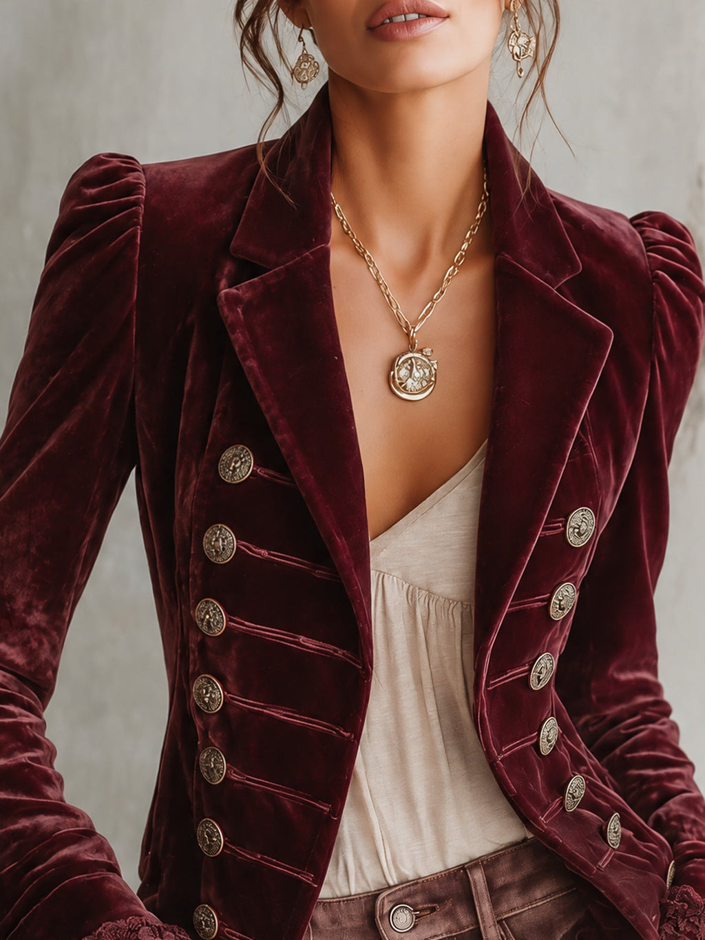 Burgundy Velvet Napoleon Military Button Lace Cuff Jacket