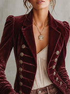 Burgundy Velvet Napoleon Military Button Lace Cuff Jacket