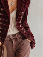 Burgundy Velvet Napoleon Military Button Lace Cuff Jacket