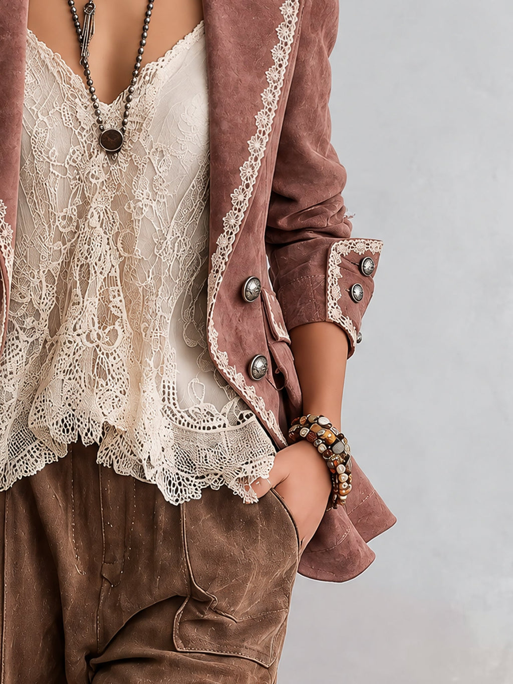 Dusty Pink Lace Trim Faux Suede Double Breasted Blazer