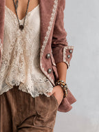 Dusty Pink Lace Trim Faux Suede Double Breasted Blazer