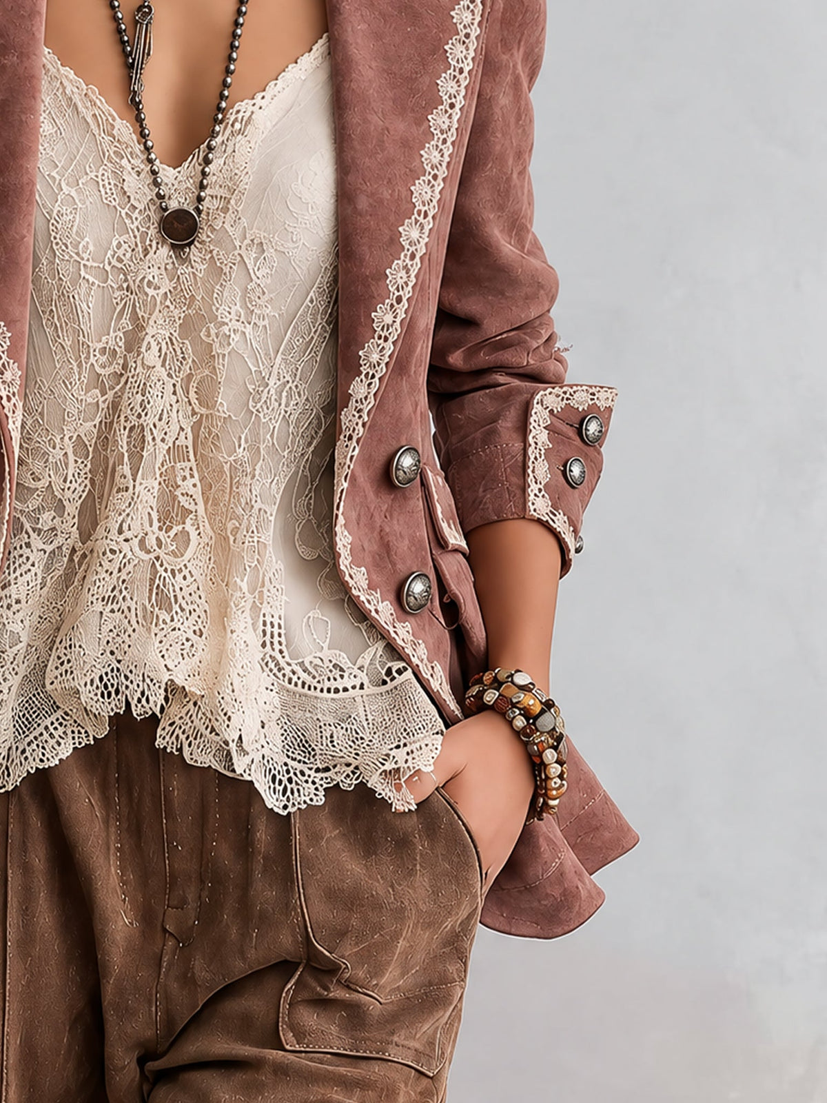 Dusty Pink Lace Trim Faux Suede Double Breasted Blazer