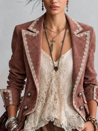Dusty Pink Lace Trim Faux Suede Double Breasted Blazer