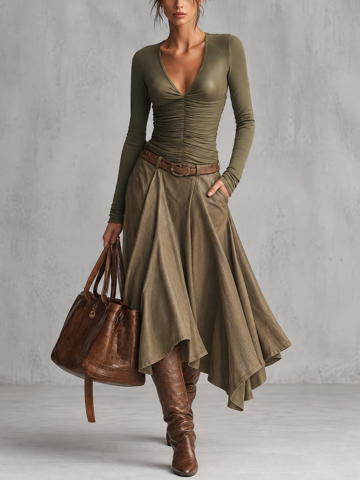 Olive Green V-Neck Ruched Stretch Top And Pu Leather Asymmetric Midi Skirt Set