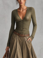 Olive Green V-Neck Ruched Stretch Top And Pu Leather Asymmetric Midi Skirt Set