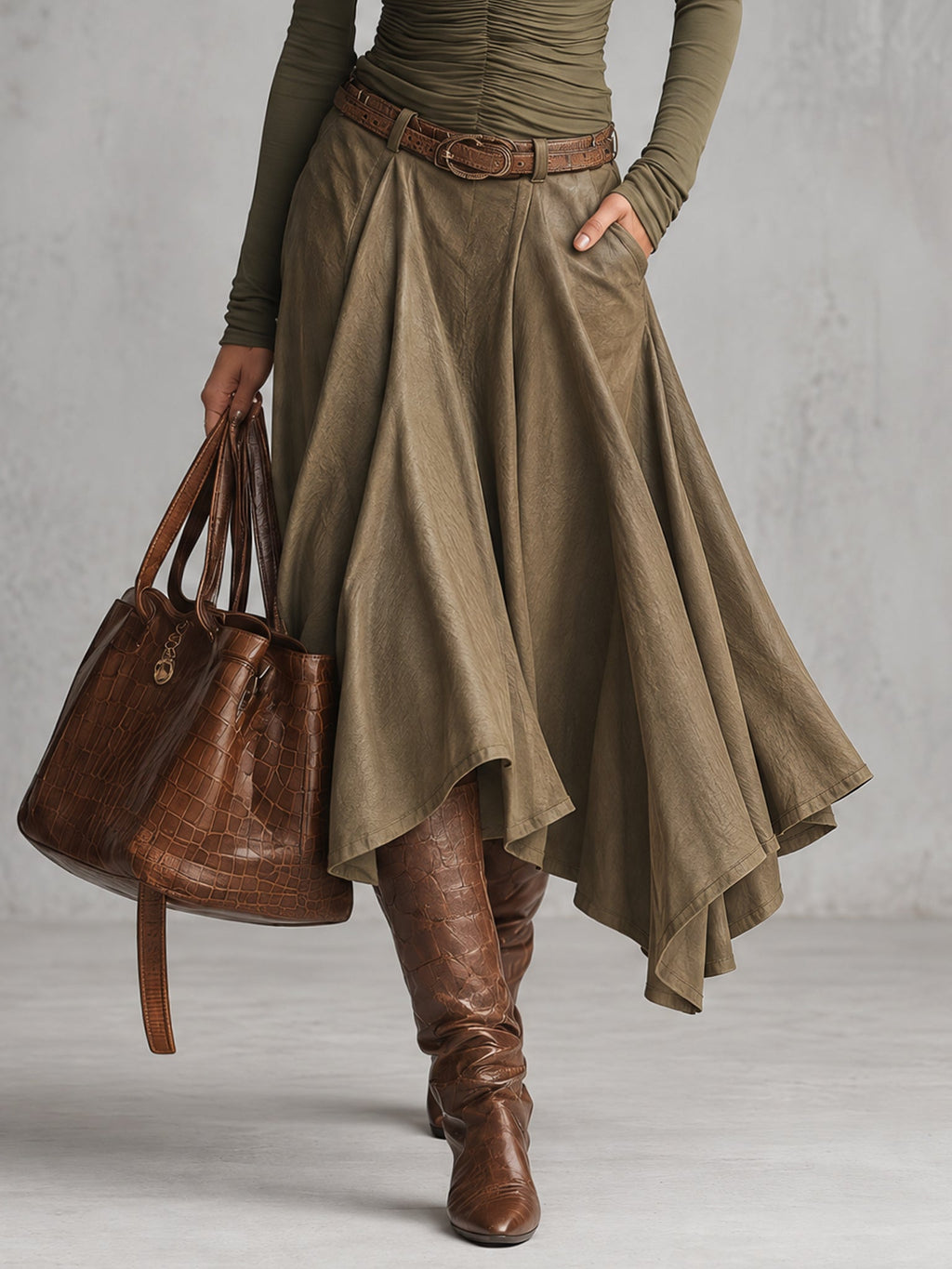 Olive Green V-Neck Ruched Stretch Top And Pu Leather Asymmetric Midi Skirt Set