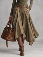 Olive Green V-Neck Ruched Stretch Top And Pu Leather Asymmetric Midi Skirt Set