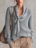Dusty Slate Blue Shimmer Mohair Sweater With Sheer Organza Ribbon Tie