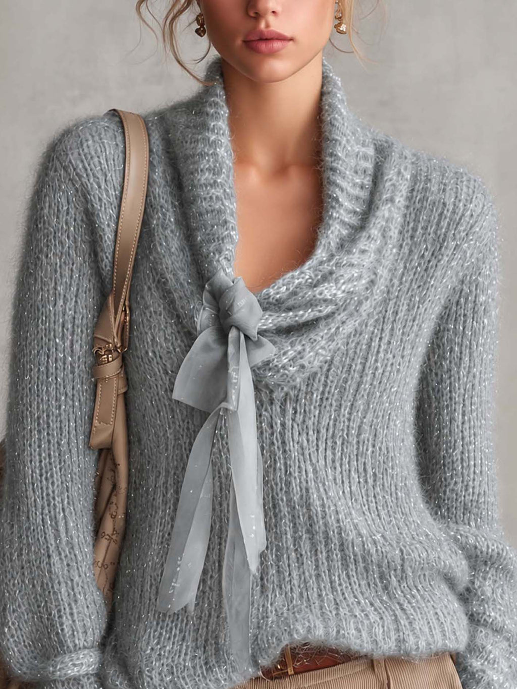 Dusty Slate Blue Shimmer Mohair Sweater With Sheer Organza Ribbon Tie