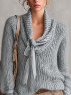 Dusty Slate Blue Shimmer Mohair Sweater With Sheer Organza Ribbon Tie