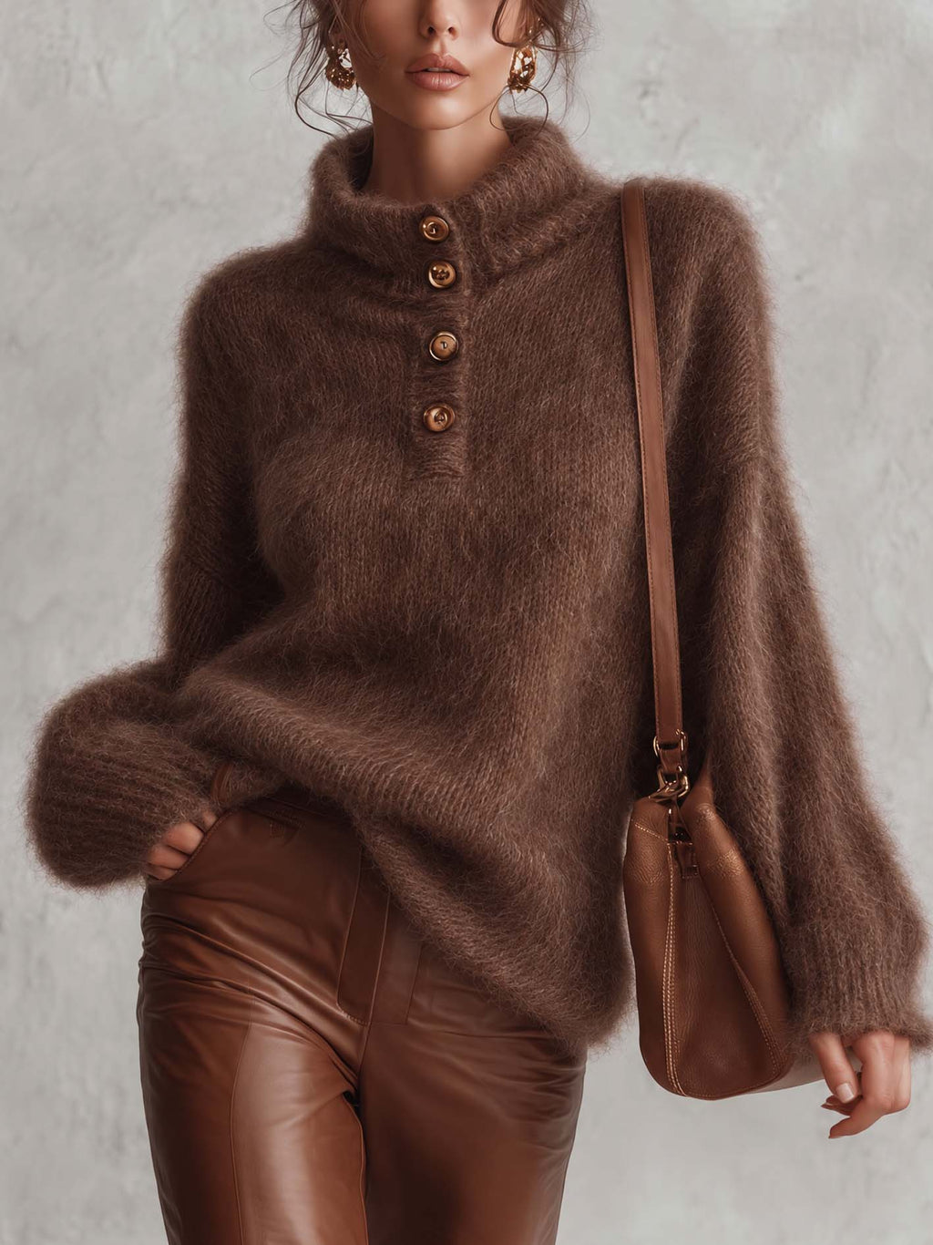 Chocolate Brown Mohair Sweater With Stand Collar And Button Placket