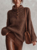 Chocolate Brown Mohair Sweater With Stand Collar And Button Placket