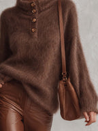 Chocolate Brown Mohair Sweater With Stand Collar And Button Placket
