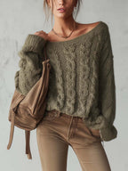 Olive Green Cable Knit Sweater With Convertible One Shoulder Neckline