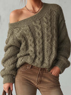 Olive Green Cable Knit Sweater With Convertible One Shoulder Neckline