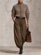 Taupe Fuzzy Knit Turtleneck And Olive Balloon Pants Two-Piece Set
