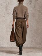Taupe Fuzzy Knit Turtleneck And Olive Balloon Pants Two-Piece Set