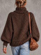Brown Sequin Fleck Chunky Knit Button Turtleneck Sweater