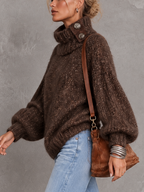 Brown Sequin Fleck Chunky Knit Button Turtleneck Sweater