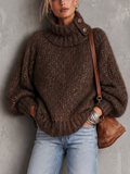 Brown Sequin Fleck Chunky Knit Button Turtleneck Sweater