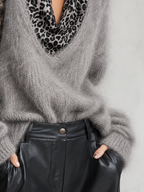 Grey Fluffy Knit Sweater With Black And White Leopard Cowl Neck Splicing
