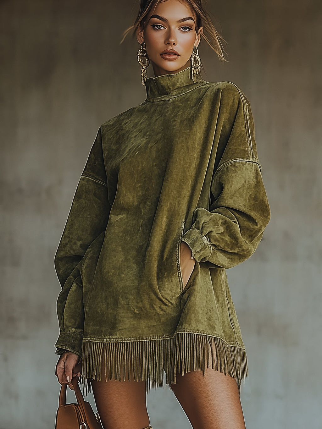 Olive Faux Suede Turtleneck Dress With Fringe Hem