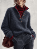 Navy Fluffy Knit Sweater With Burgundy Contrast Inner Collar
