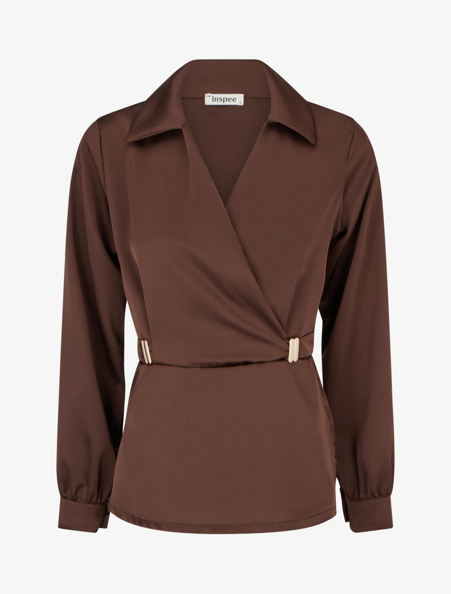 Blouse satinée à taille élastiquée - Marron