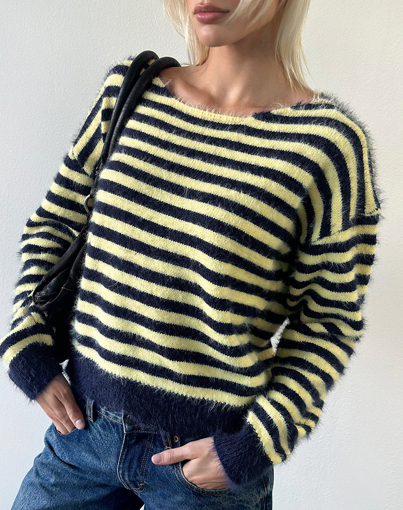 Zalo-trui met gestreepte breipatroon in geel en marineblauw