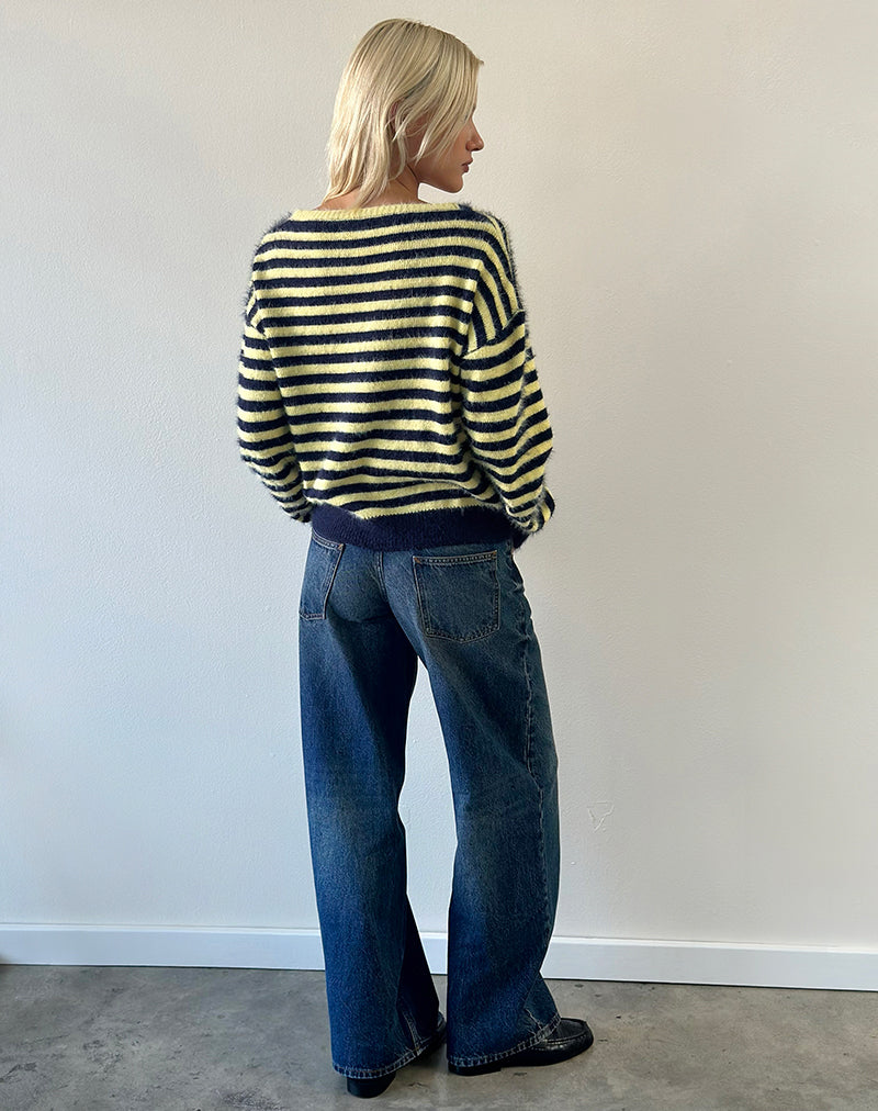 Zalo-trui met gestreepte breipatroon in geel en marineblauw