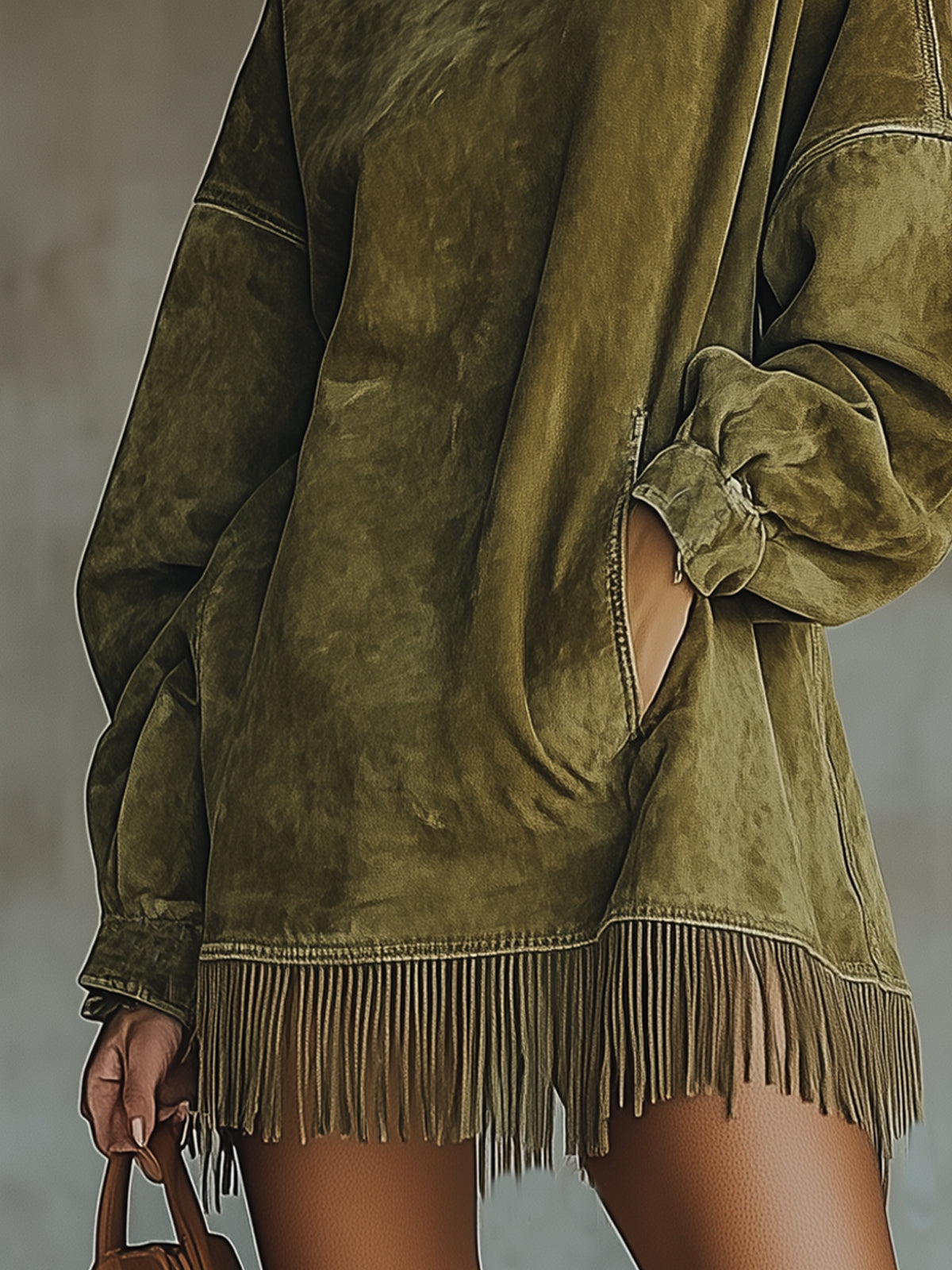 Olive Faux Suede Turtleneck Dress With Fringe Hem